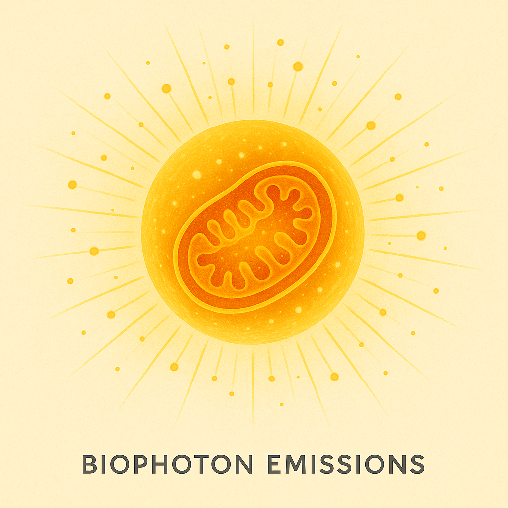Illustration of biophotons emitted by mitochondria in a glowing human cell. health effects of light