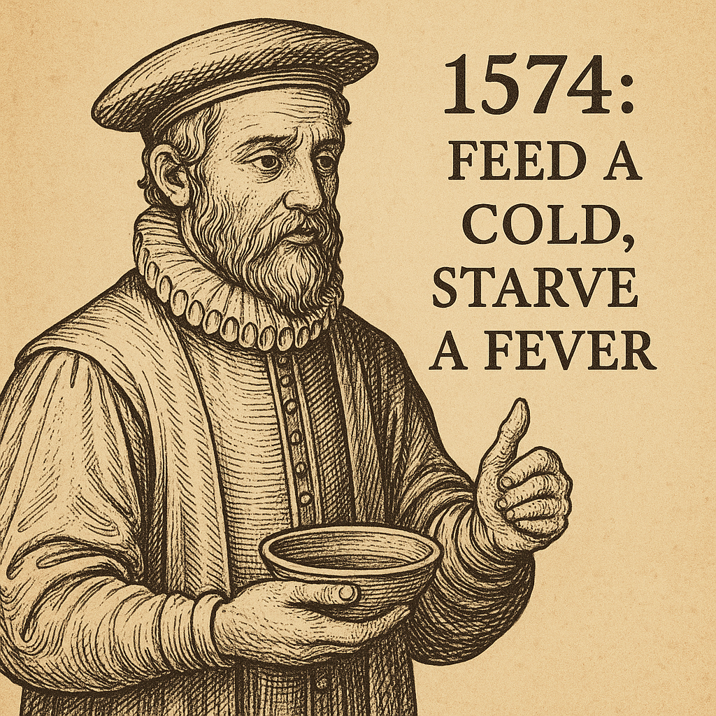 Vintage drawing of a doctor with "1574: Feed a Cold, Starve a Fever" text overlay.