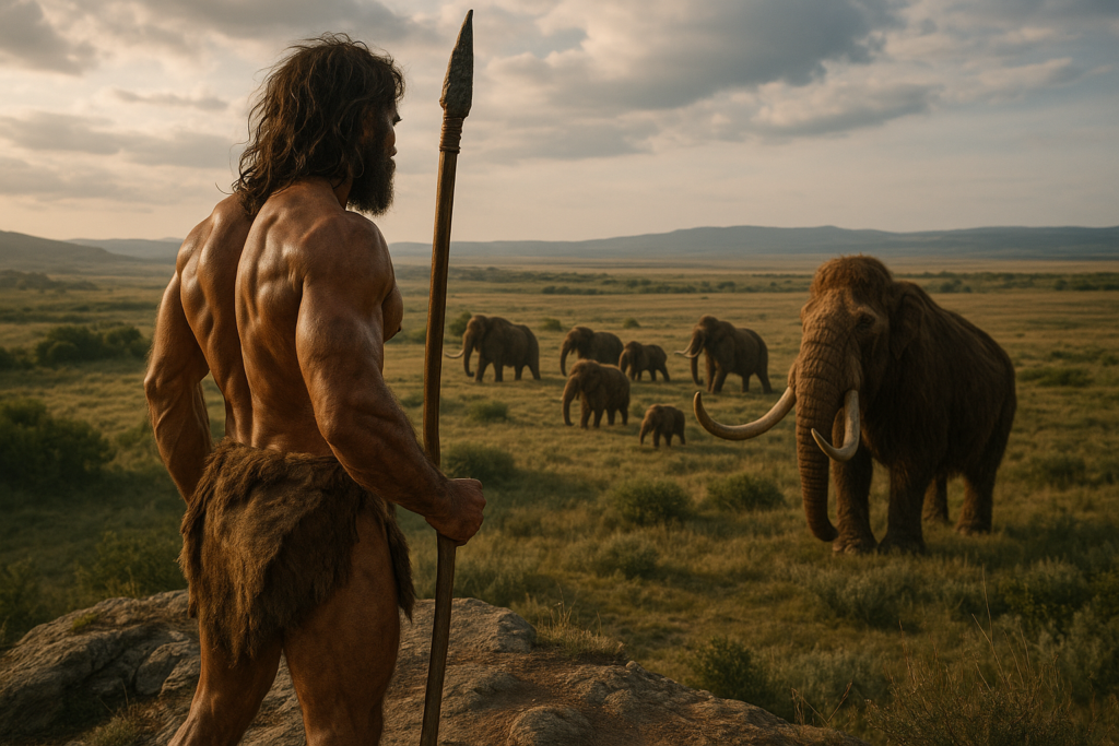 caveman looking at wooly mammoths, symbolizing an ancestral lifestyle