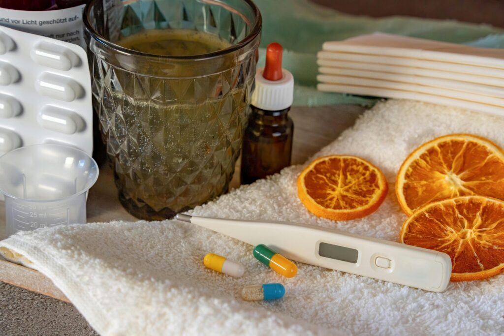 feed a cold starve a fever. thermometer, medicine, food