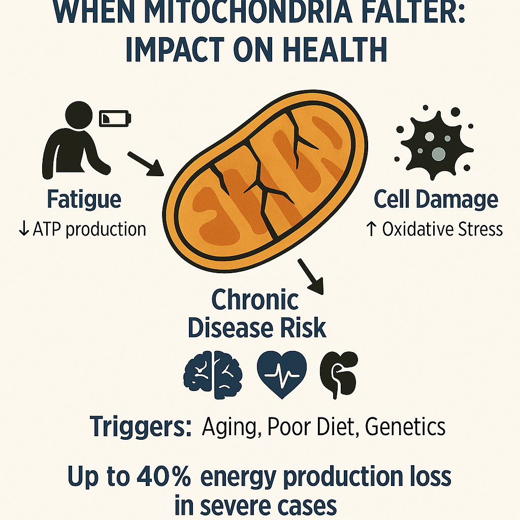 Infographic showing mitochondria dysfunction leading to fatigue, oxidative stress, and disease risks like Alzheimer’s and diabetes.